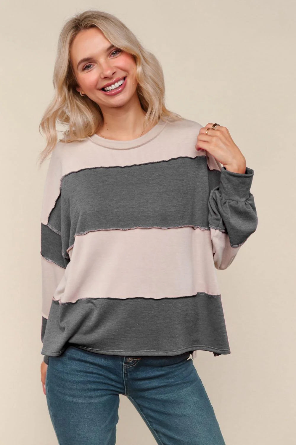 Charcoal/Latte Loose Fit Pullover Knit Top