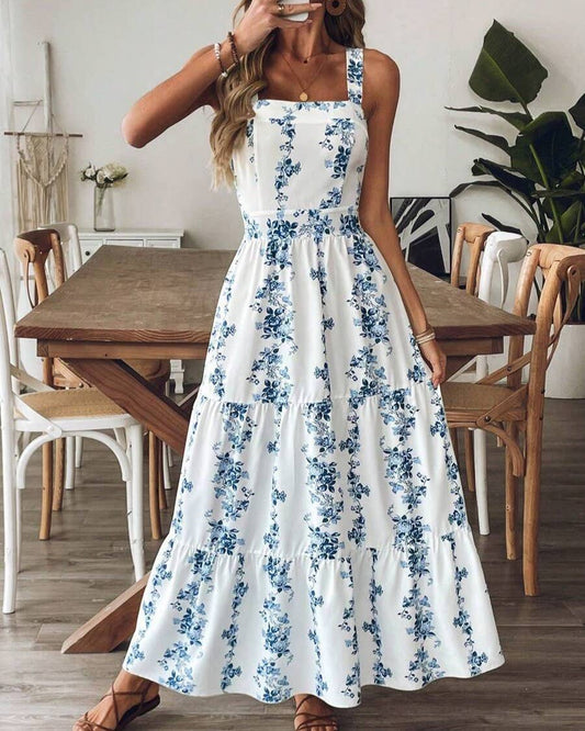 Rosa Clothing - Boho Vintage Floral Print Lace-Up Dress: Blue
