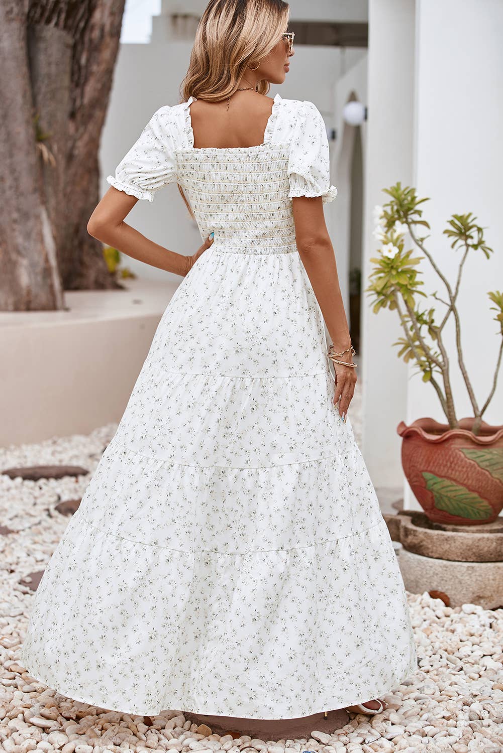 Frilly Shirred Bodice Floral Maxi Dress