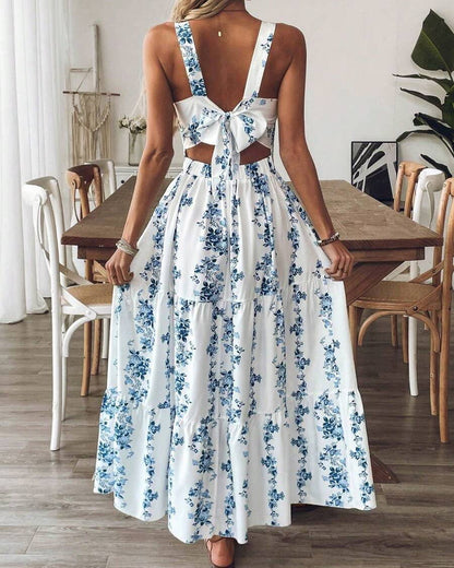 Rosa Clothing - Boho Vintage Floral Print Lace-Up Dress: Blue
