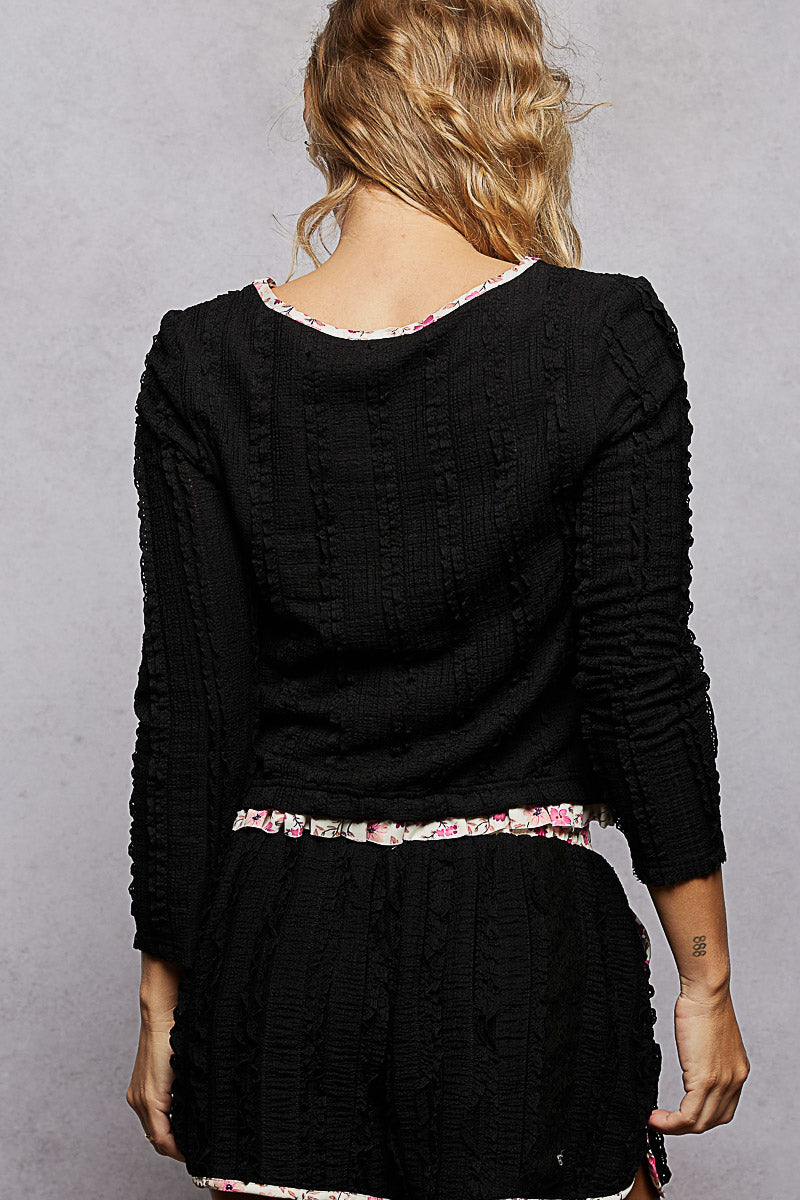 POL - Black Textured Knit Top with Floral Trim