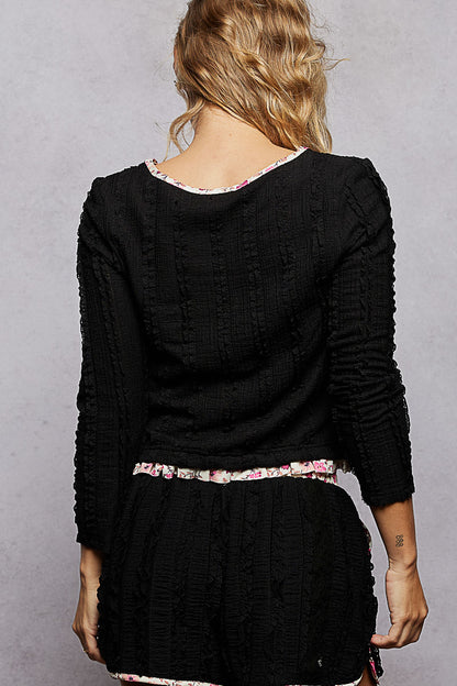 POL - Black Textured Knit Top with Floral Trim