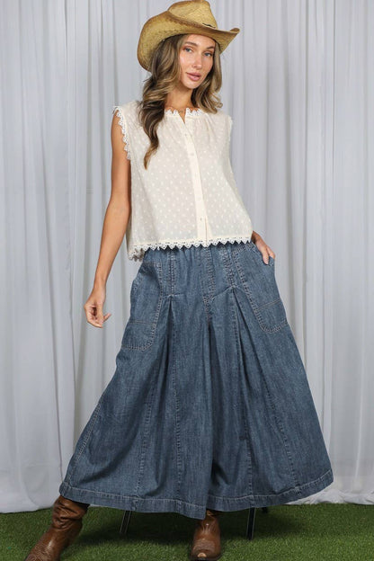 Vine & Love - Pin-Tuck 100%Tencel Chambray Cropped Washed Pants - Denim Blue / S