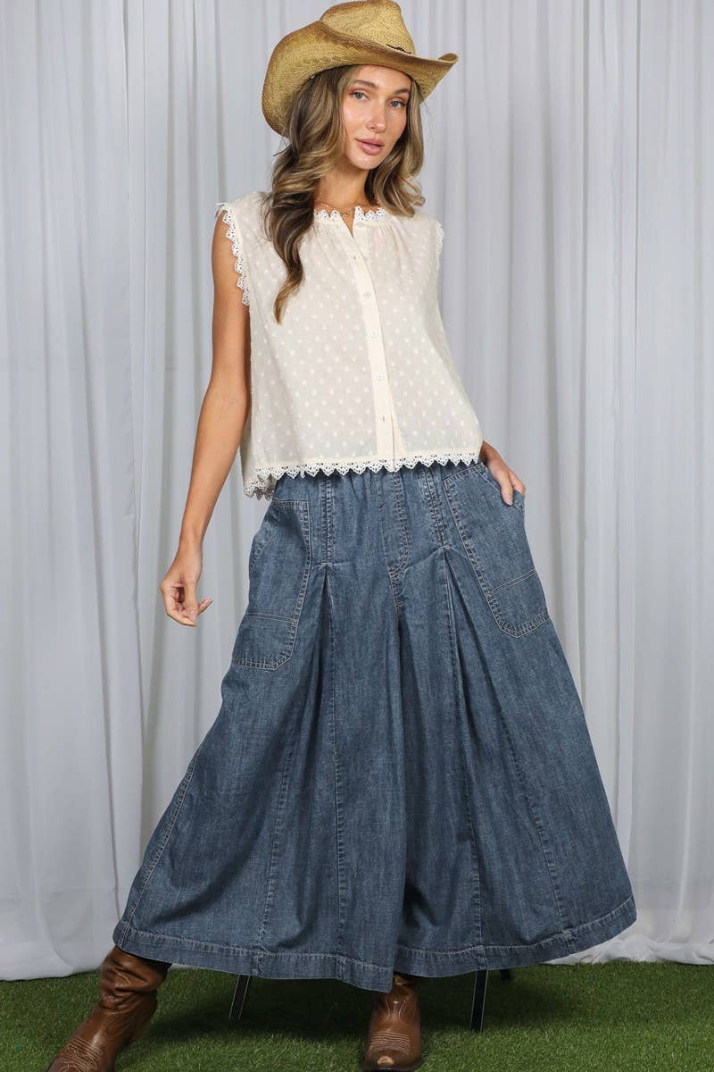 Vine & Love - Pin-Tuck 100%Tencel Chambray Cropped Washed Pants - Denim Blue / M