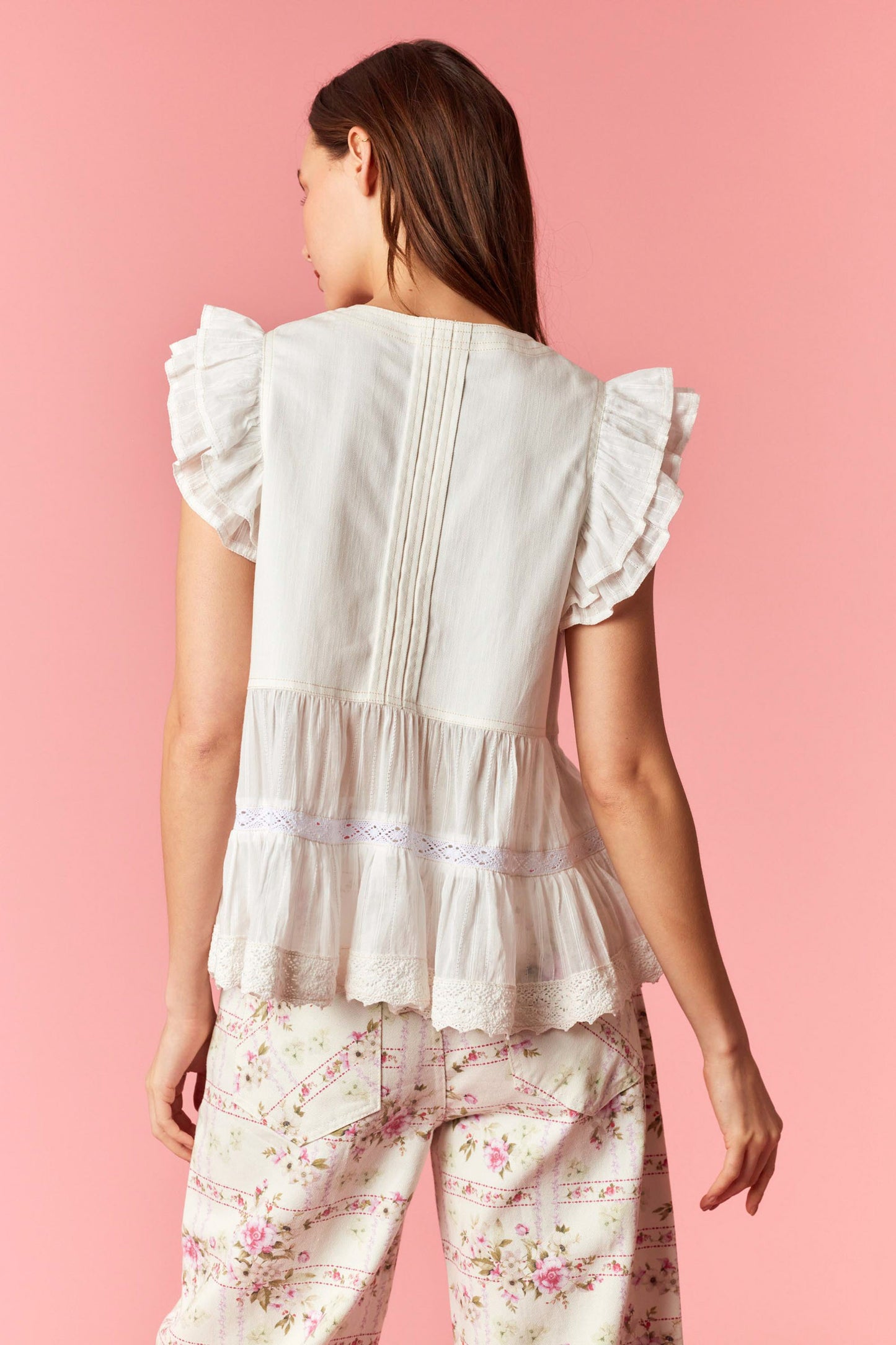 Twill Denim Pintuck Pleated With Button Up Detailed Eyelet Embroidery Fabric Flare V-neck Top