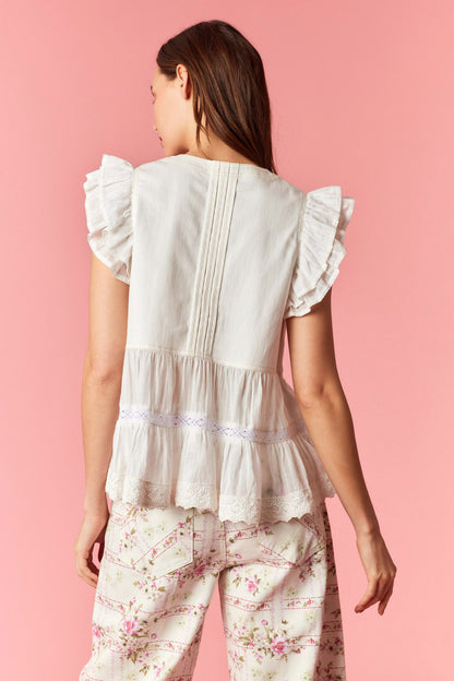 Twill Denim Pintuck Pleated With Button Up Detailed Eyelet Embroidery Fabric Flare V-neck Top
