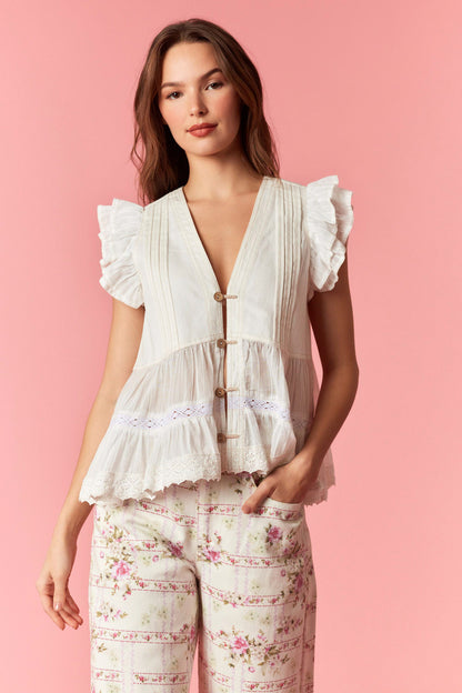 Twill Denim Pintuck Pleated With Button Up Detailed Eyelet Embroidery Fabric Flare V-neck Top