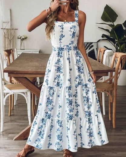Rosa Clothing - Boho Vintage Floral Print Lace-Up Dress: Blue