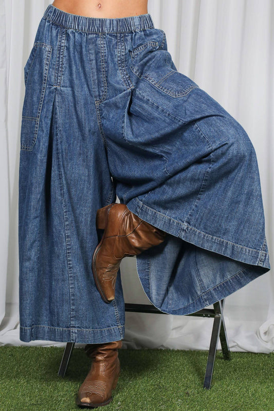 Vine & Love - Pin-Tuck 100%Tencel Chambray Cropped Washed Pants - Denim Blue / S