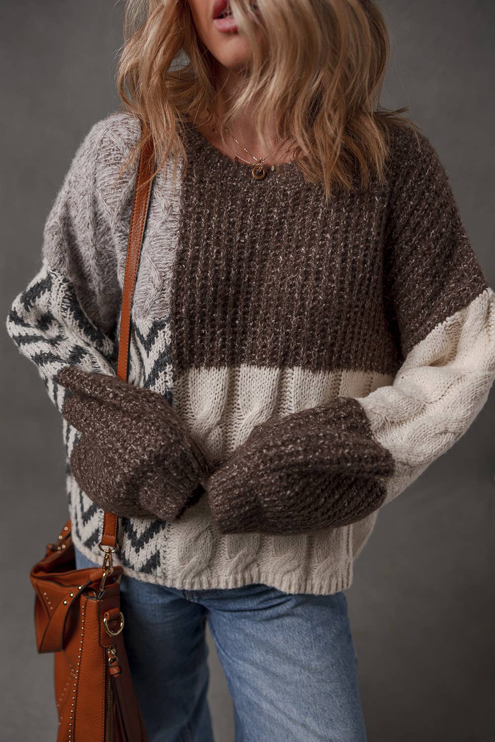 Little Daisy Closet - Color Block Patchwork Knotted Back Loose Fit Sweater