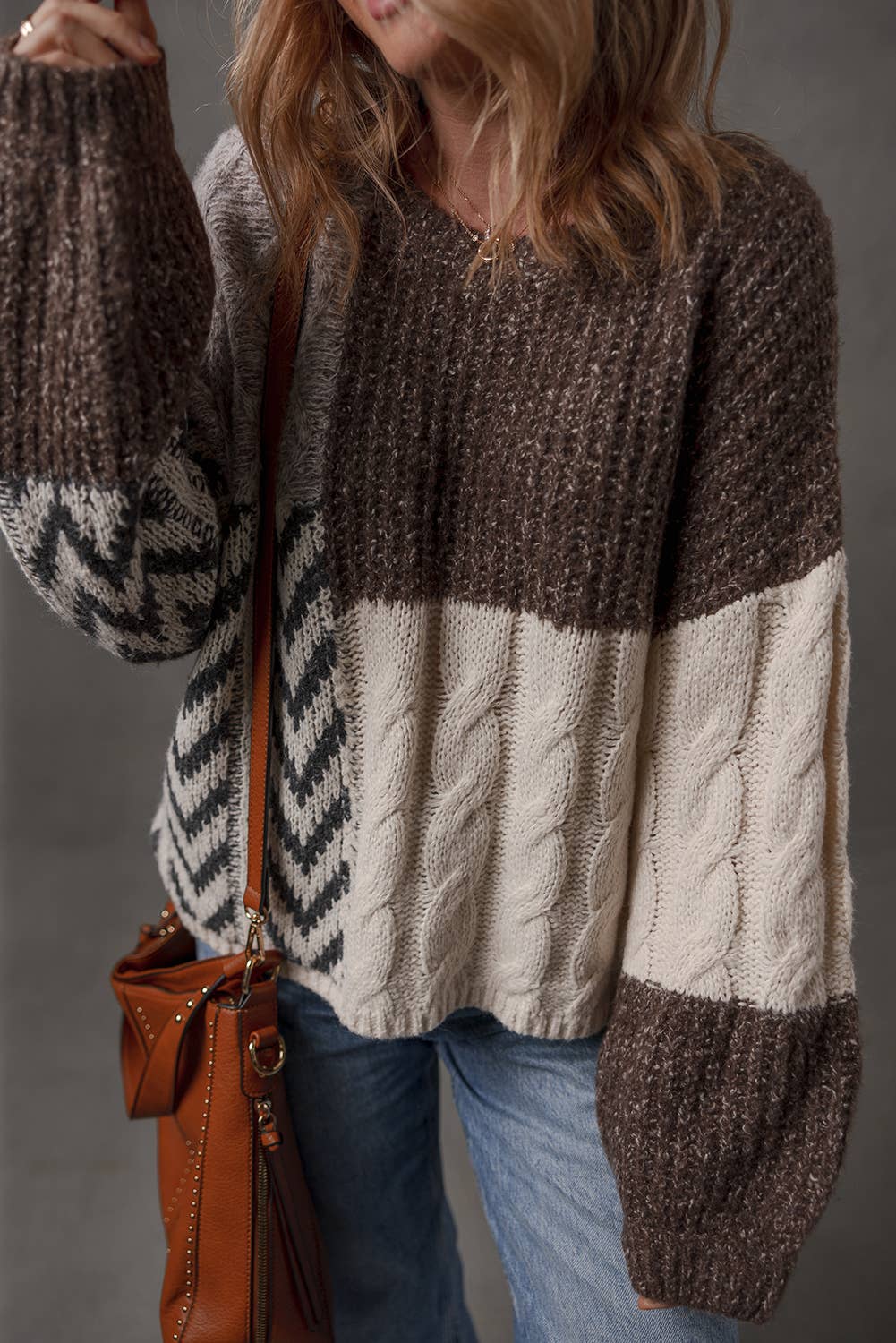 Little Daisy Closet - Color Block Patchwork Knotted Back Loose Fit Sweater