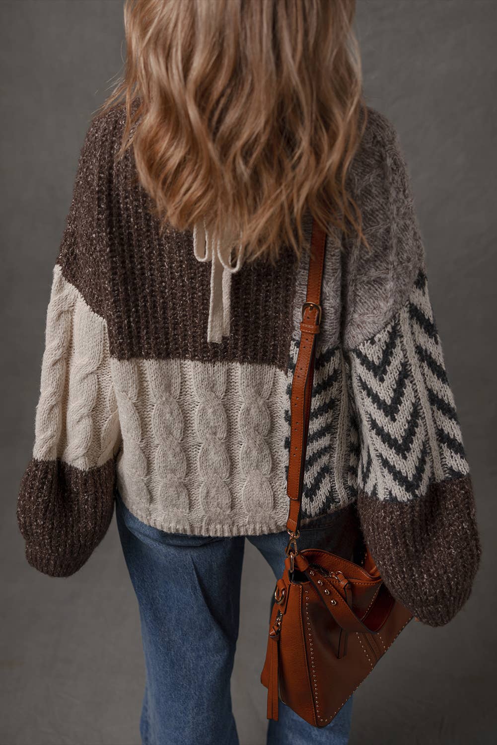 Little Daisy Closet - Color Block Patchwork Knotted Back Loose Fit Sweater