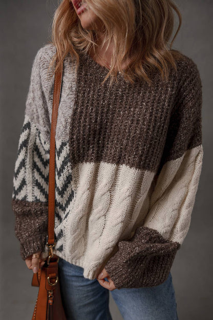 Little Daisy Closet - Color Block Patchwork Knotted Back Loose Fit Sweater