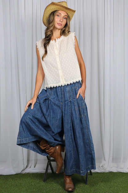 Vine & Love - Pin-Tuck 100%Tencel Chambray Cropped Washed Pants - Denim Blue / M