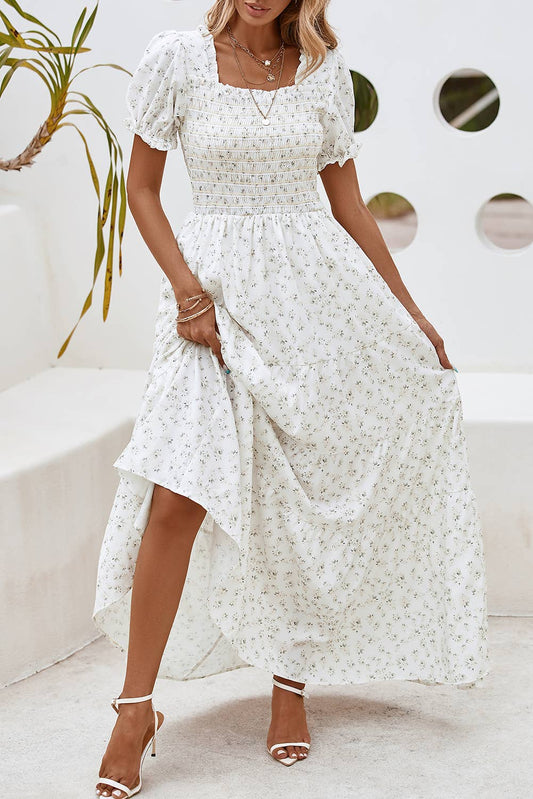 Frilly Shirred Bodice Floral Maxi Dress