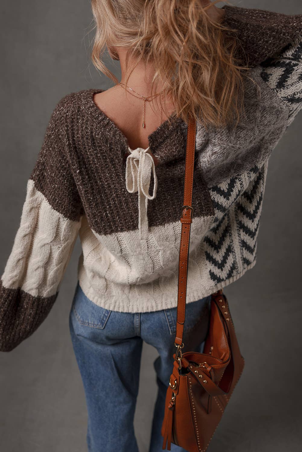 Little Daisy Closet - Color Block Patchwork Knotted Back Loose Fit Sweater