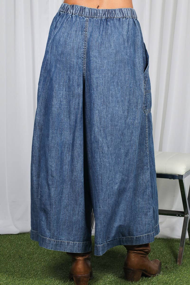 Vine & Love - Pin-Tuck 100%Tencel Chambray Cropped Washed Pants - Denim Blue / M