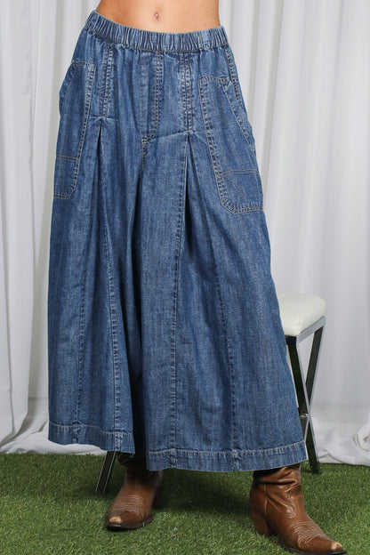 Vine & Love - Pin-Tuck 100%Tencel Chambray Cropped Washed Pants - Denim Blue / S