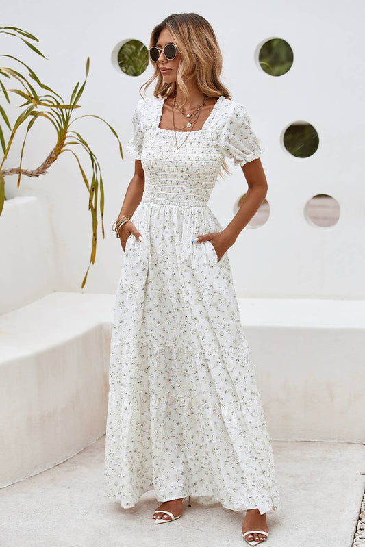 Frilly Shirred Bodice Floral Maxi Dress