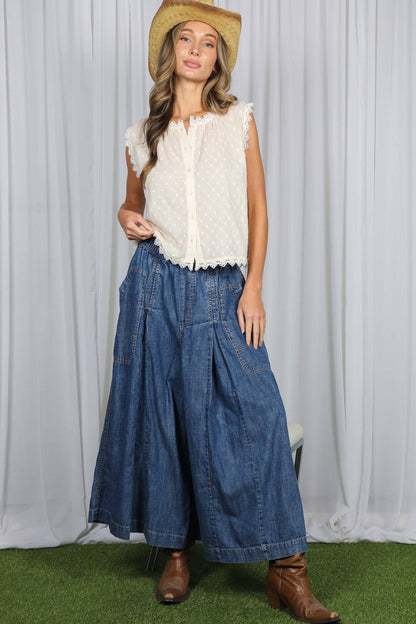Vine & Love - Pin-Tuck 100%Tencel Chambray Cropped Washed Pants - Denim Blue / S