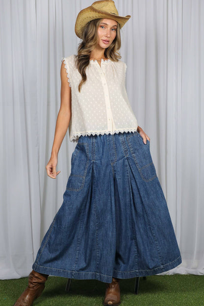 Vine & Love - Pin-Tuck 100%Tencel Chambray Cropped Washed Pants - Denim Blue / L