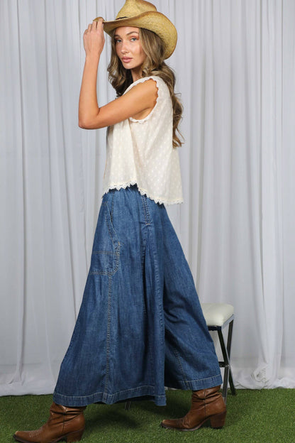 Vine & Love - Pin-Tuck 100%Tencel Chambray Cropped Washed Pants - Denim Blue / M
