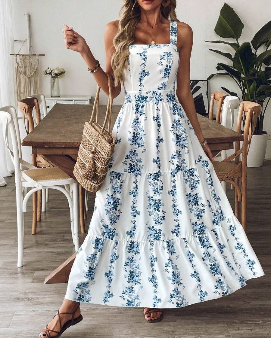 Rosa Clothing - Boho Vintage Floral Print Lace-Up Dress: Blue