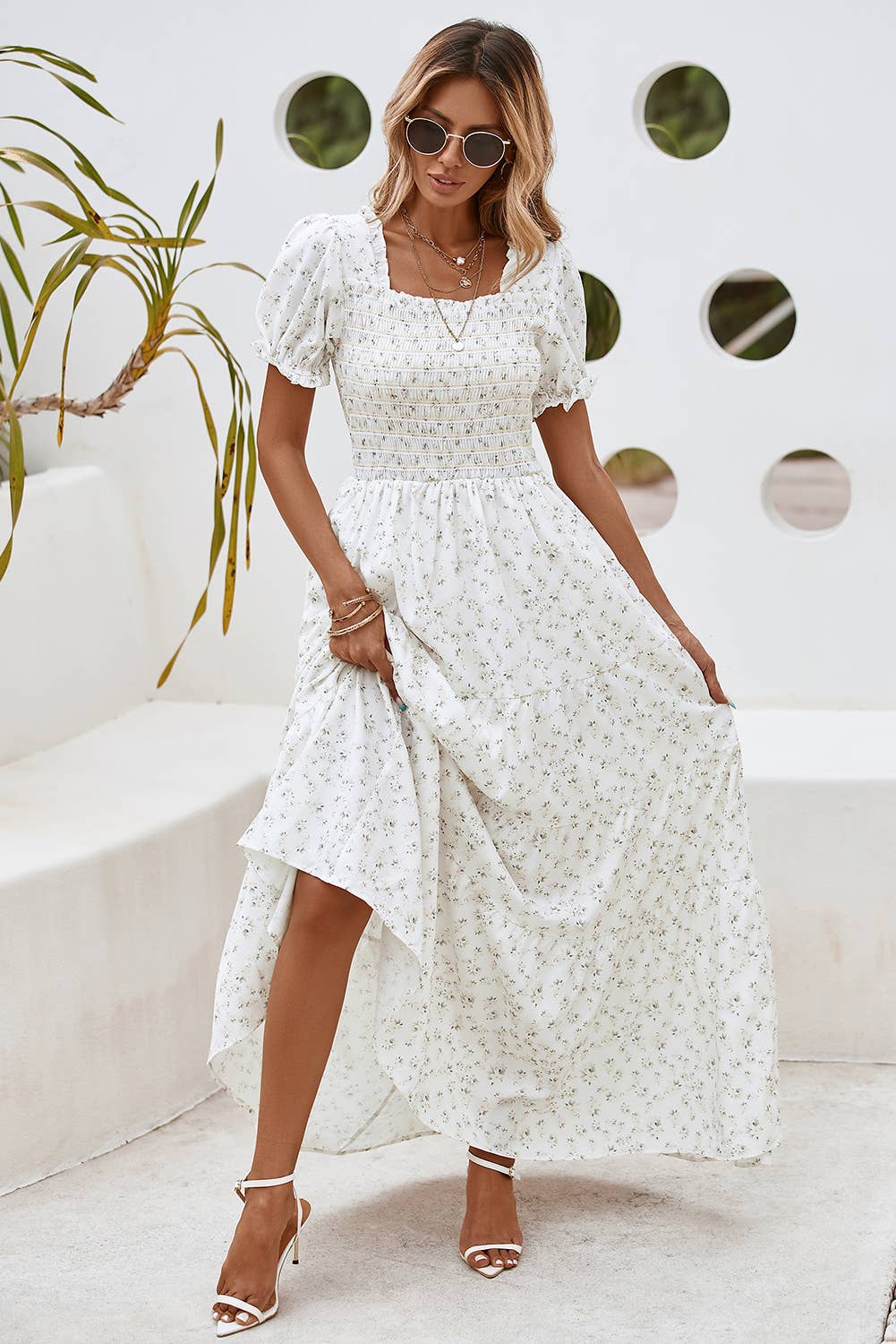 Frilly Shirred Bodice Floral Maxi Dress