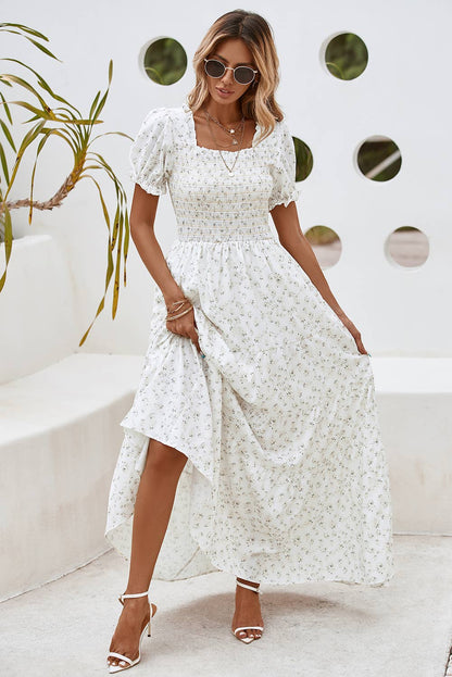 Frilly Shirred Bodice Floral Maxi Dress
