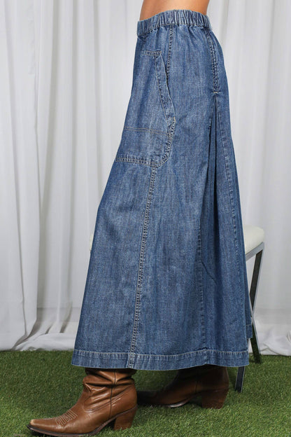 Vine & Love - Pin-Tuck 100%Tencel Chambray Cropped Washed Pants - Denim Blue / S
