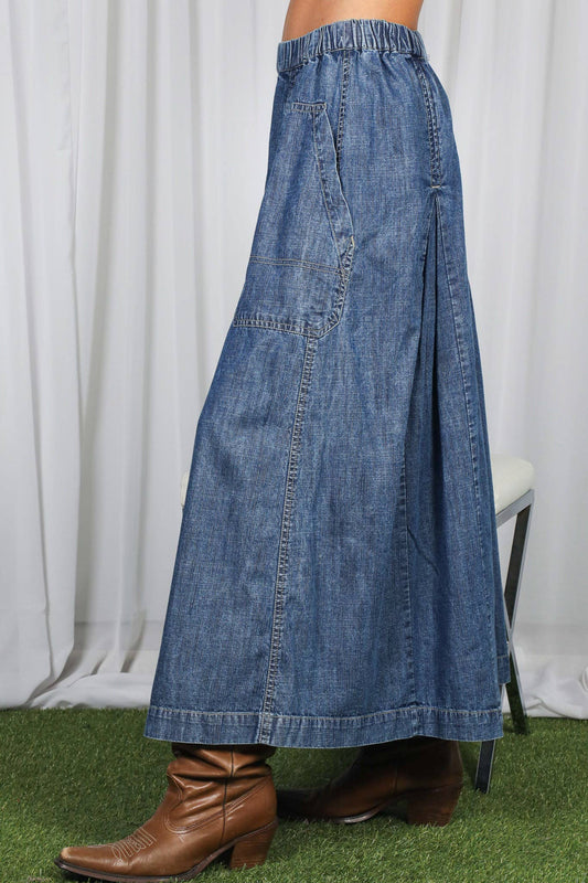 Vine & Love - Pin-Tuck 100%Tencel Chambray Cropped Washed Pants - Denim Blue / M