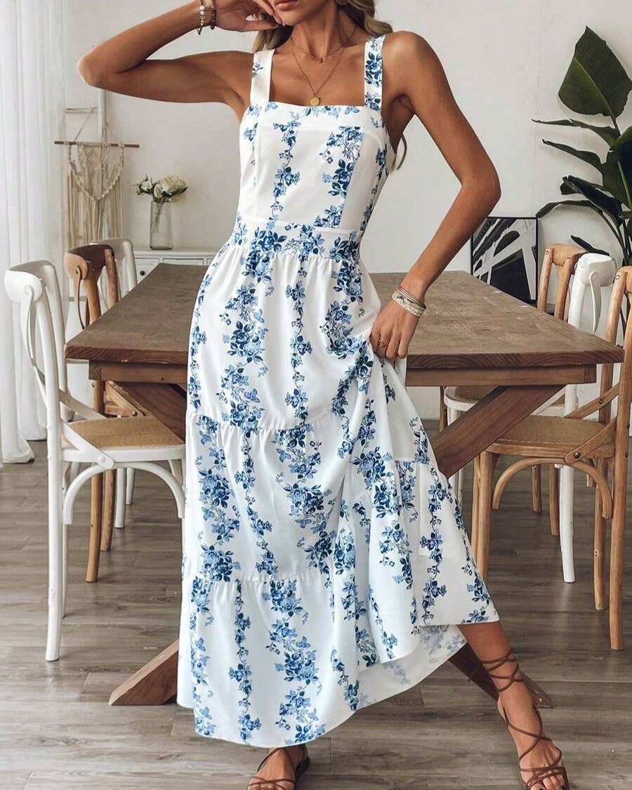 Rosa Clothing - Boho Vintage Floral Print Lace-Up Dress: Blue